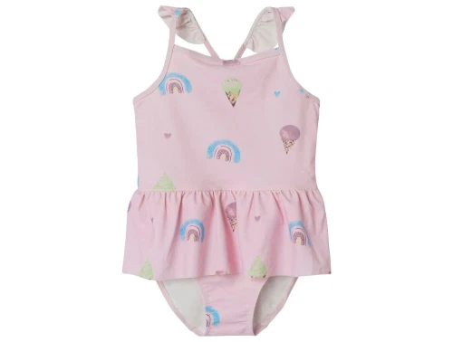 Lyserød badedragt fra Name It med print af is, regnbuer samt flæser på skuldre og et lille skørt 13239616 parfait pink